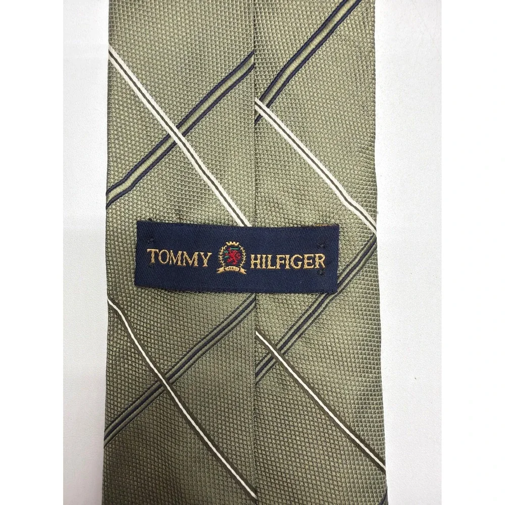 Tommy Hilfiger Mens Silk Tie Olive Green Plaid Diagonal Stripe Made in USA